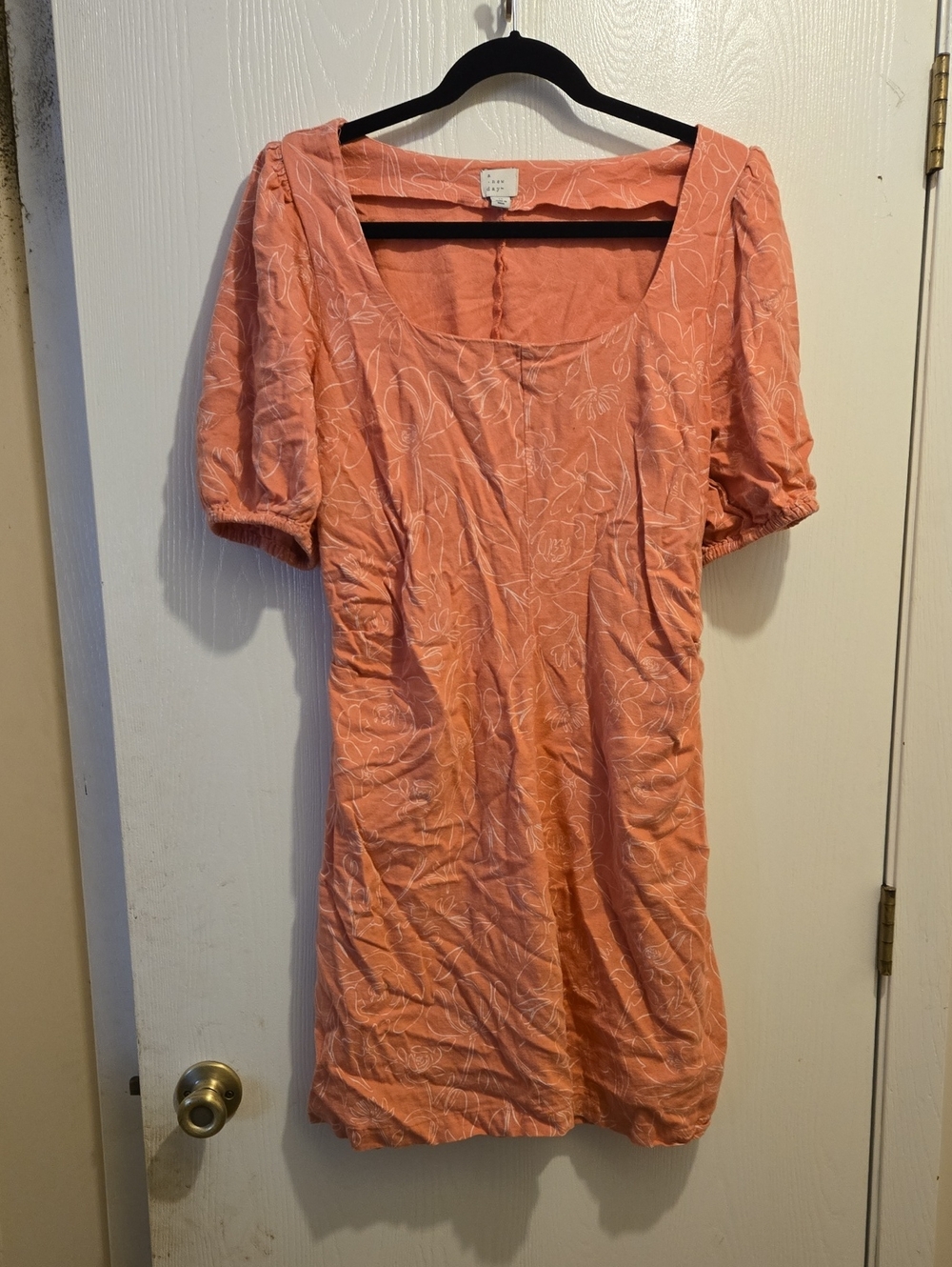 a new day Linen Coral Short Puff Sleeve Mini Dress - L13